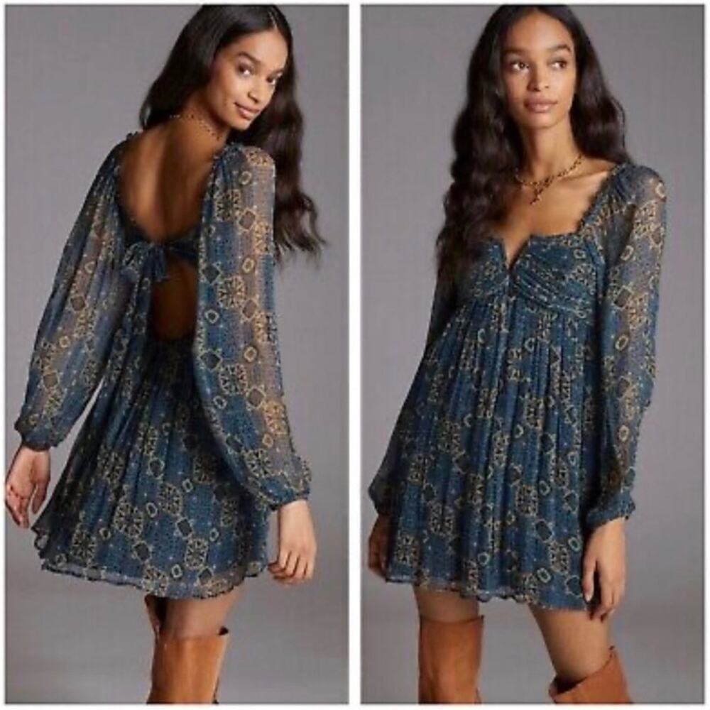 Anthropologie Let me be babydoll mini dress balloon sleeve crimped sz S